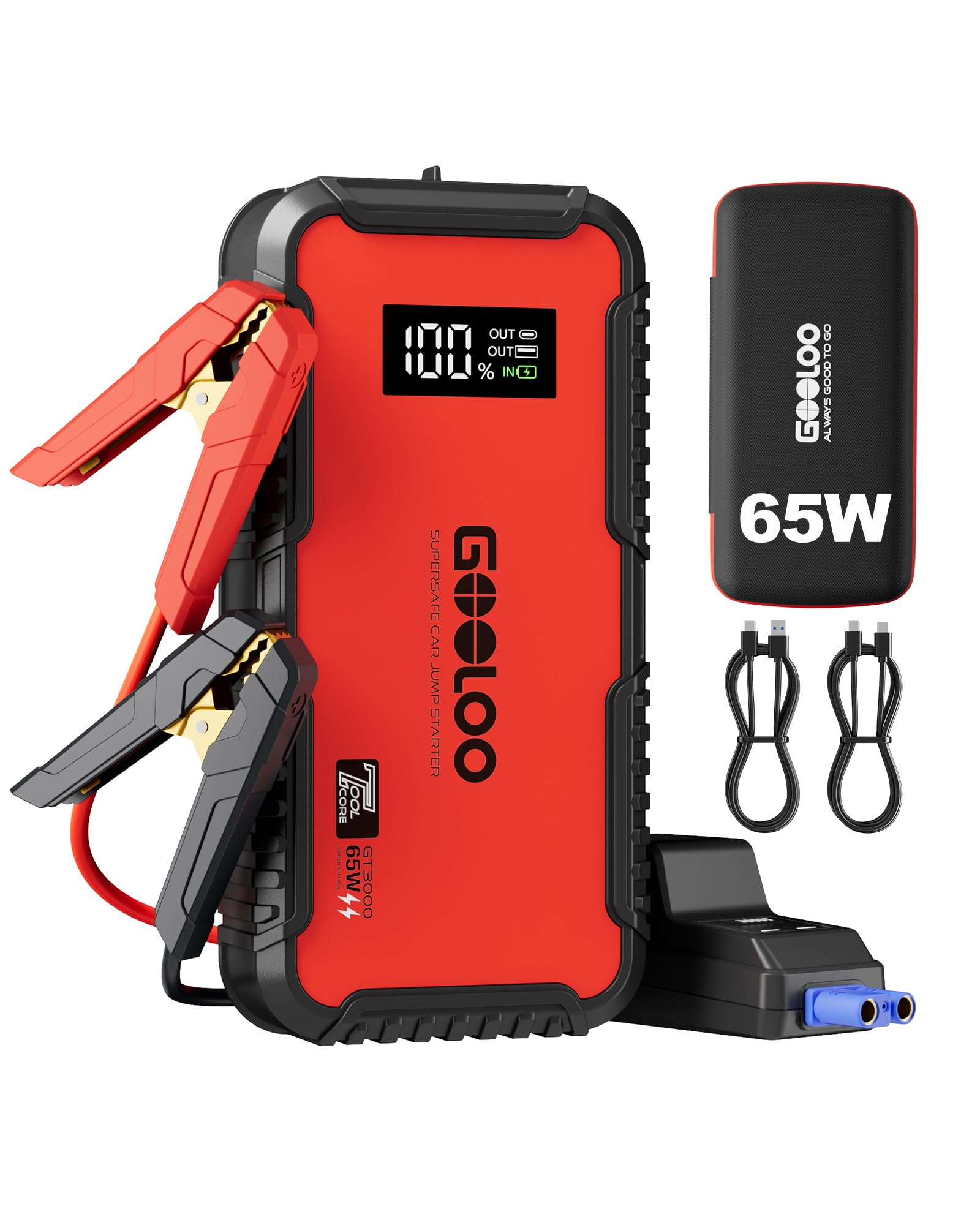 GOOLOO GT3000 Jump Starter - 3000A Portable Battery Booster for 12V Vehicles (8.5L Gas/6.0L Diesel) - Quick Charge 65W w